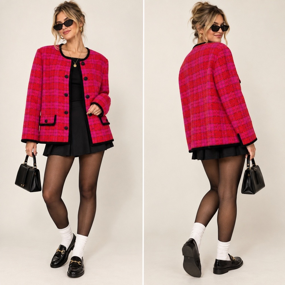 Vintage Elisabeth Liz Claiborne Pink Red Tweed Jacket Size 16 Plaid Wool Blend